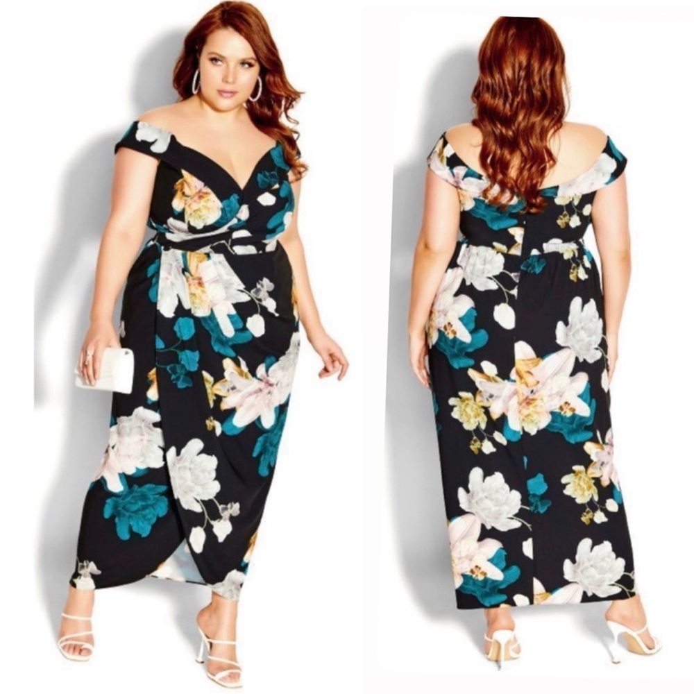City Chic Off the Shoulder Tulip Hem Maxi Dress Floral Glow Size 18W Plus Size